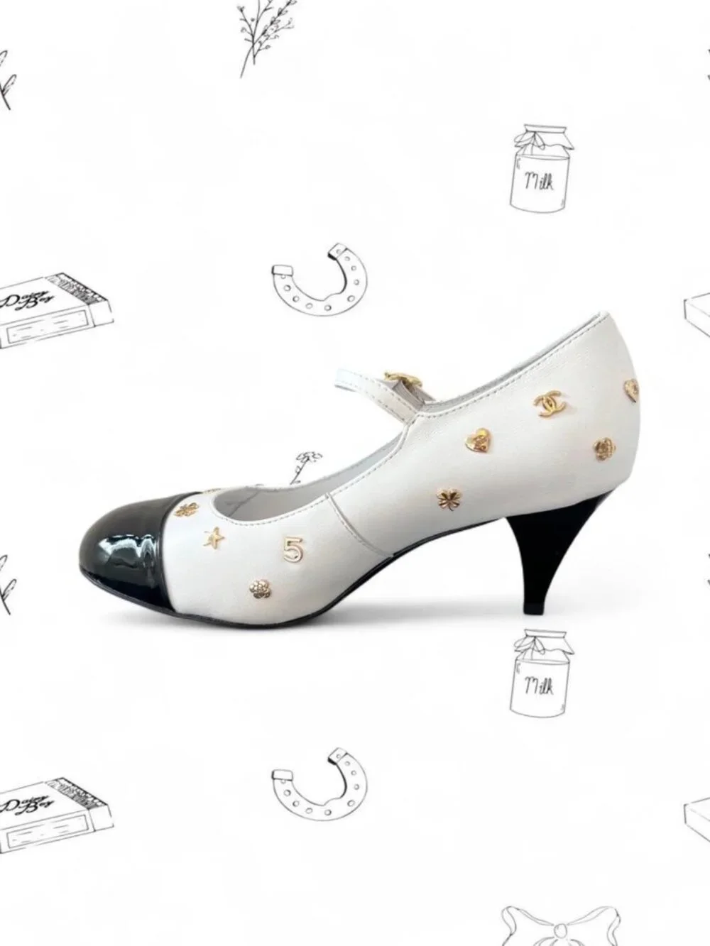 Chanel Patent Cap Toe Charms Mary Jane Pumps SZ 38